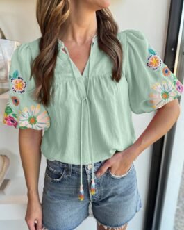 Clearly Aqua Floral Embroidered Puff Sleeve Split Neck Blouse
