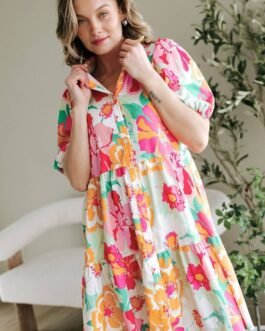 Pink Floral Puff Sleeve Collar Buttoned Babydoll Dress