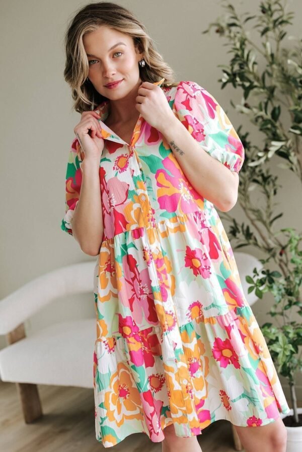 Pink Floral Puff Sleeve Collar Buttoned Babydoll Dress - Image 2