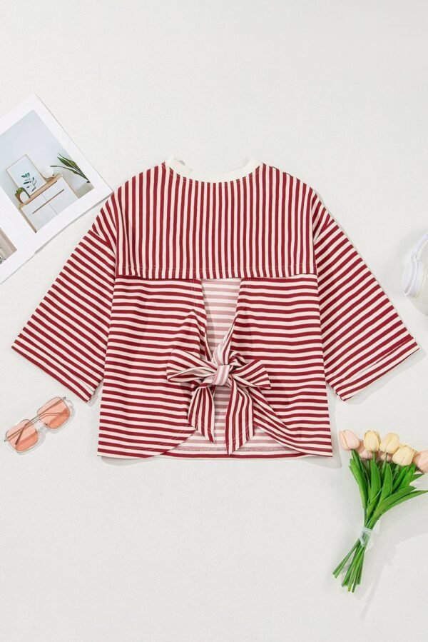Red Stripe Bowknot Cutout Back Drop Shoulder Wide Bracelet Sleeve Loose Tee - Image 5
