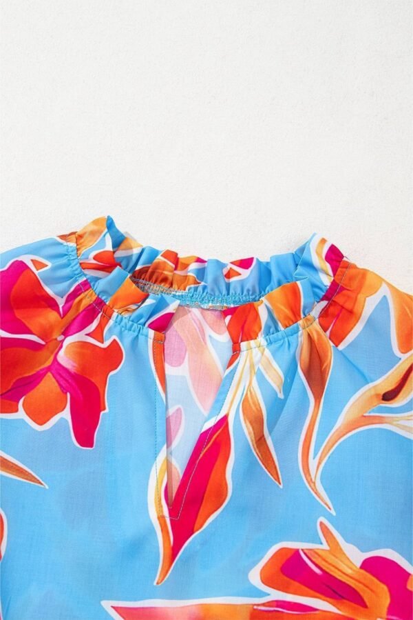 Sky Blue Floral Print V Neck Pompom Trim Flutter Sleeve Blouse - Image 5