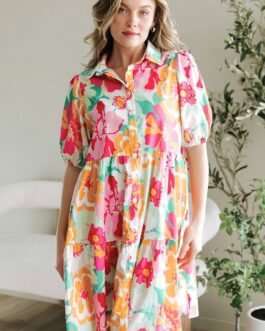 Pink Floral Puff Sleeve Collar Buttoned Babydoll Dress