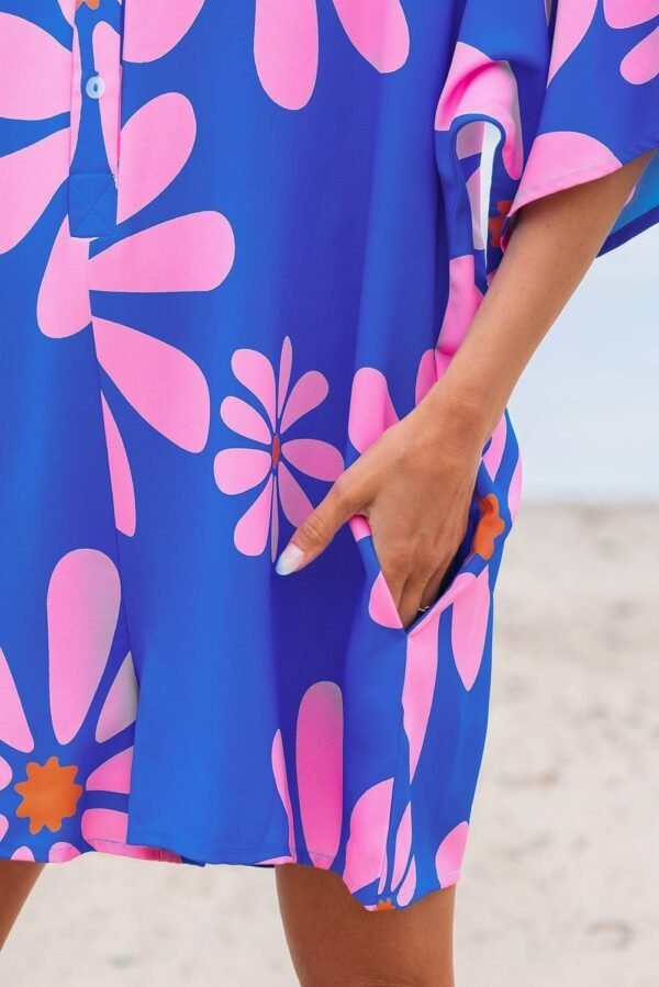 Blue Summer Flower Print Shirt Collar Button Front Loose Romper - Image 7