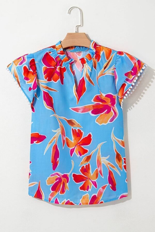 Sky Blue Floral Print V Neck Pompom Trim Flutter Sleeve Blouse - Image 3