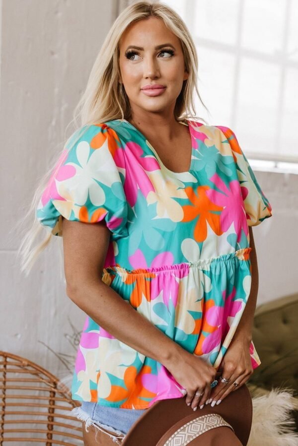 Pink Floral Print Bubble Sleeve V Neck Peplum Blouse - Image 6