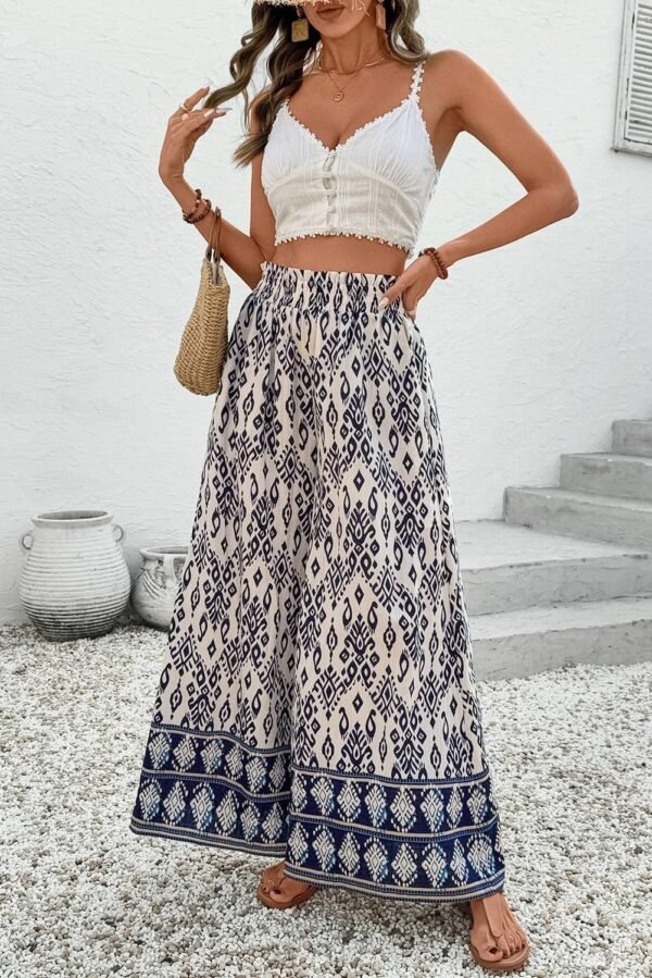 Blue Boho Pattern Print High Waist Wide Leg Loose Pants - Image 4