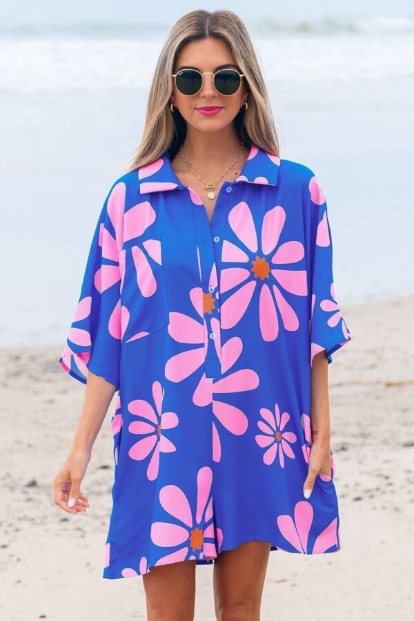 Blue Summer Flower Print Shirt Collar Button Front Loose Romper - Image 3