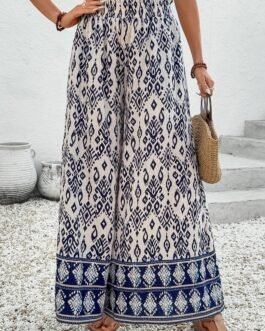 Blue Boho Pattern Print High Waist Wide Leg Loose Pants