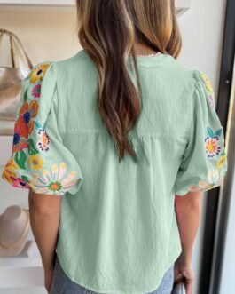 Clearly Aqua Floral Embroidered Puff Sleeve Split Neck Blouse