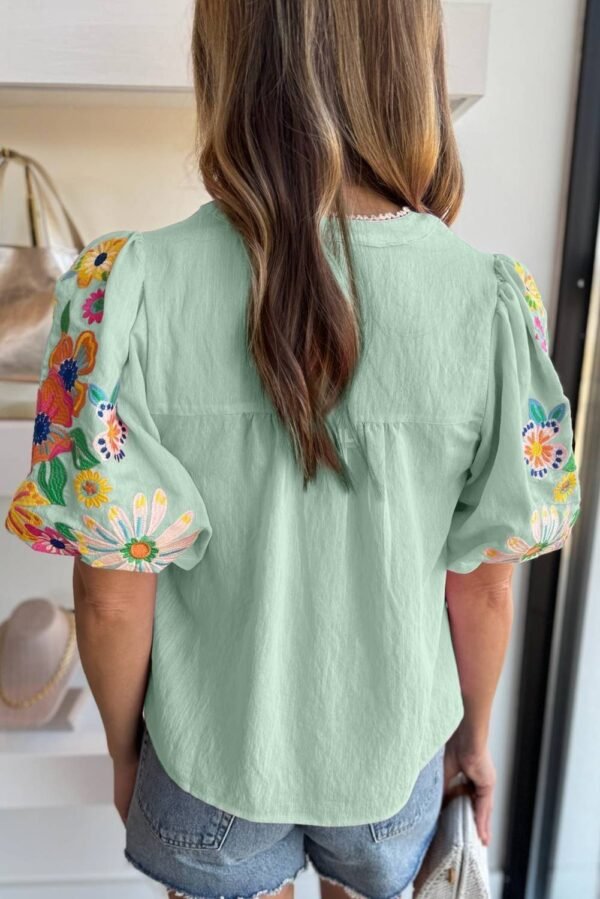 Clearly Aqua Floral Embroidered Puff Sleeve Split Neck Blouse - Image 2