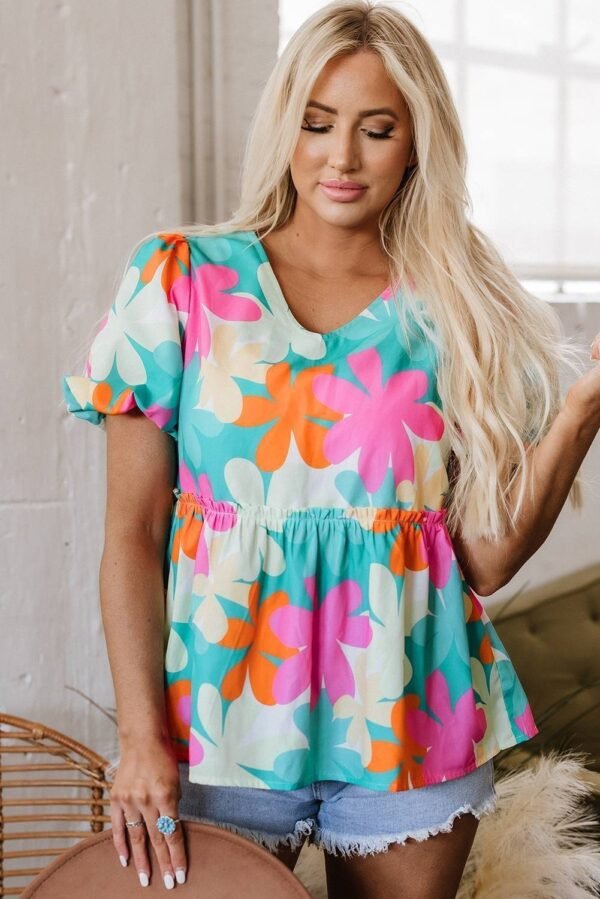 Pink Floral Print Bubble Sleeve V Neck Peplum Blouse - Image 5