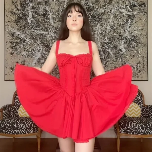 French Elegant Cute Red Dress Female Retro Collar Sleeveless Bubble Dress - Image 4