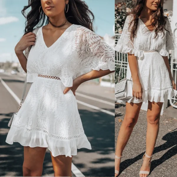 New Summer Ruffles White Lace Short Dress - Image 2