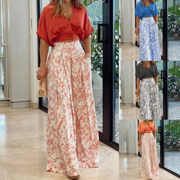 V-neck Cropped Top Wide Leg Pants Two-piece Sets Shirt - Image 2