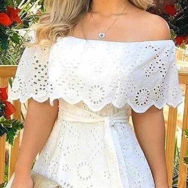 Summer Women Solid Off Shoulder Hole Mini Dress - Image 3