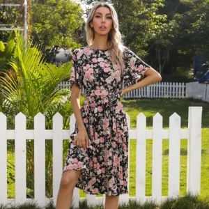 Floral Sundress Lotus Sleeve Belt Lace Midi Dress