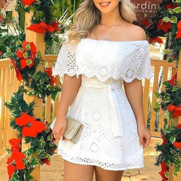 Summer Women Solid Off Shoulder Hole Mini Dress - Image 5