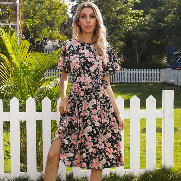 Floral Sundress Lotus Sleeve Belt Lace Midi Dress - Image 5