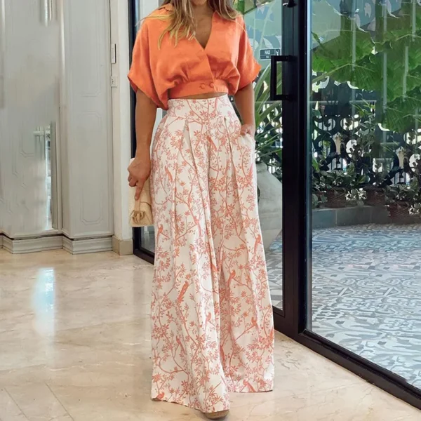 V-neck Cropped Top Wide Leg Pants Two-piece Sets Shirt - Image 4