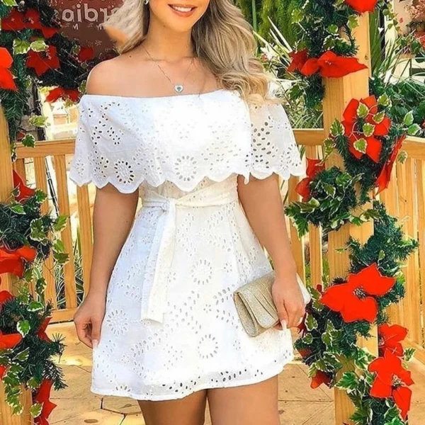 Summer Women Solid Off Shoulder Hole Mini Dress