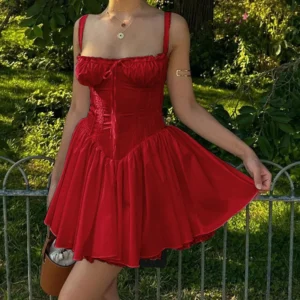 French Elegant Cute Red Dress Female Retro Collar Sleeveless Bubble Dress
