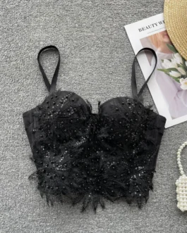 Shiny Luxury Pearl Embroidery Lace Tank Top