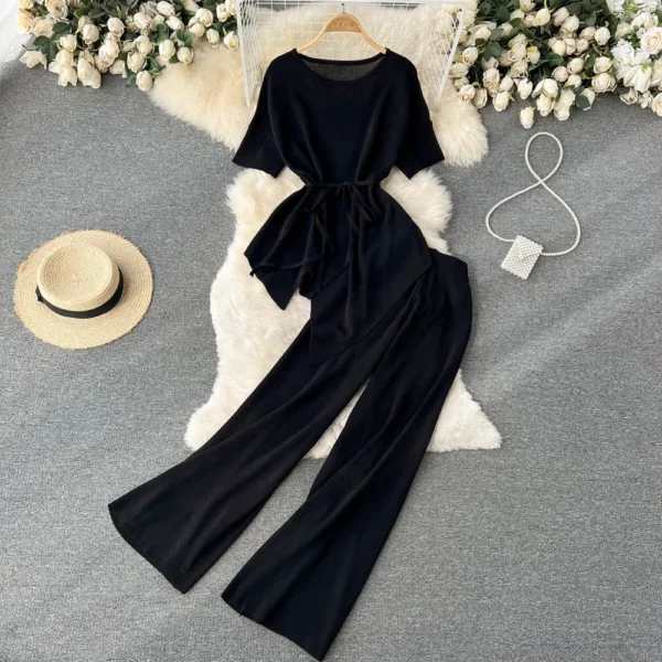Short Sleeved Tops Casual Wide Leg Pants Set - Image 3