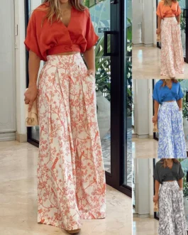 V-neck Cropped Top Wide Leg Pants Two-piece Sets Shirt