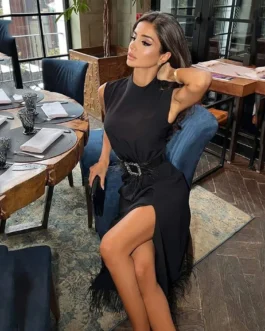 Elegant Long Evening Gown Dress With Feather Black Party Dress