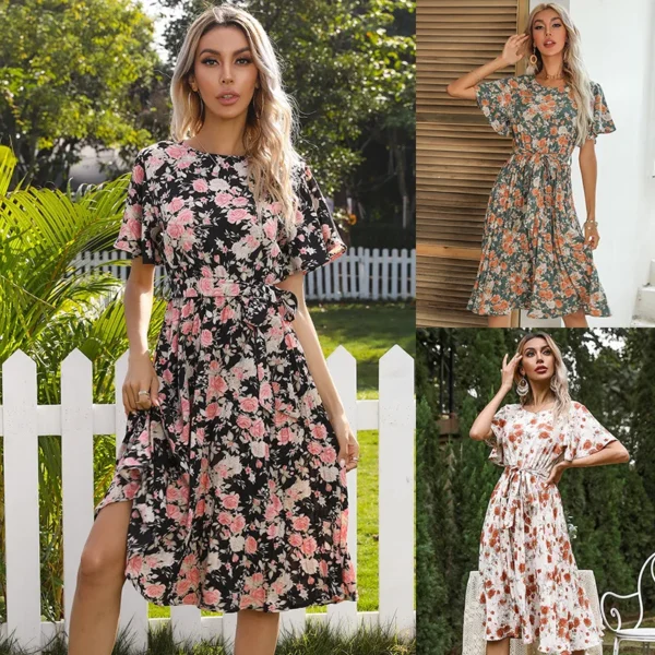 Floral Sundress Lotus Sleeve Belt Lace Midi Dress - Image 3