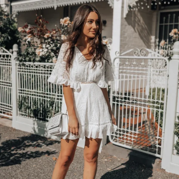 New Summer Ruffles White Lace Short Dress