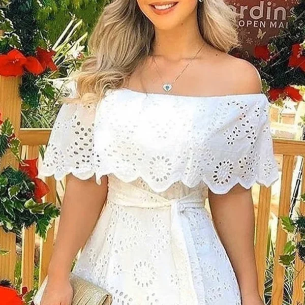 Summer Women Solid Off Shoulder Hole Mini Dress - Image 2