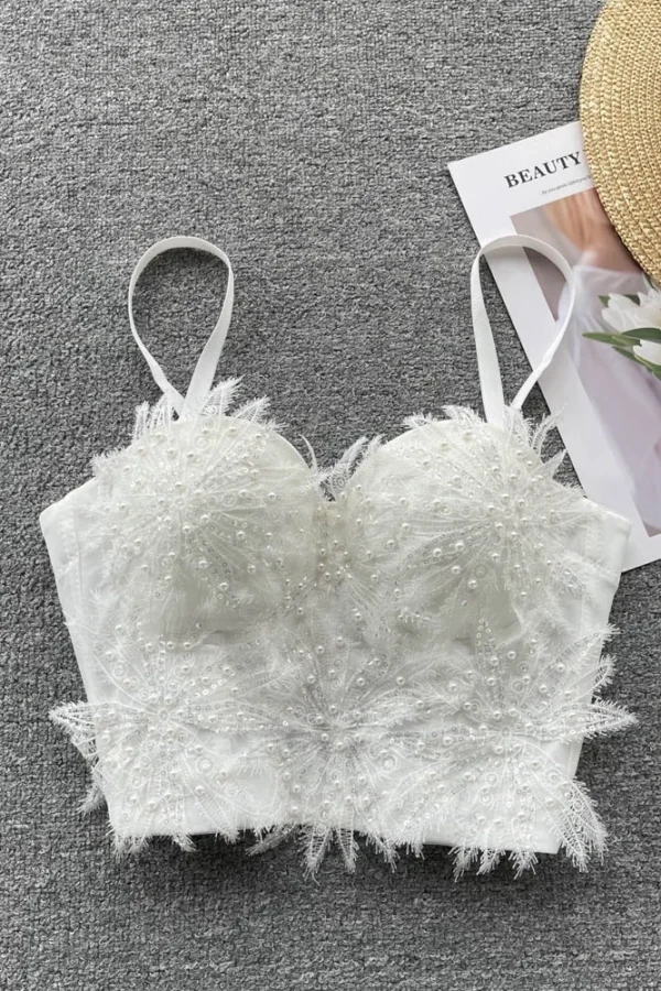 Shiny Luxury Pearl Embroidery Lace Tank Top - Image 4