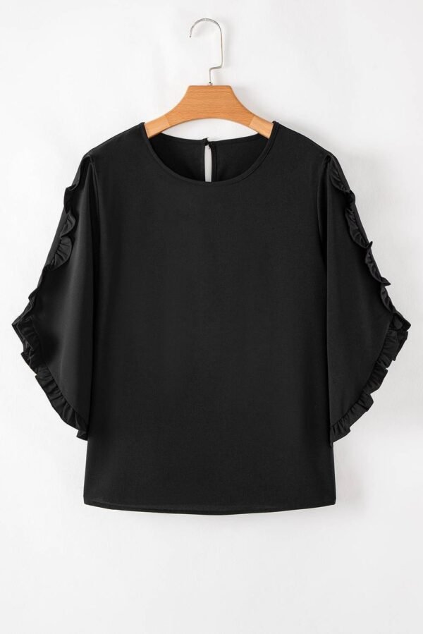 Black Ruffle Trimmed 3/4 Sleeve Round Neck Blouse - Image 3