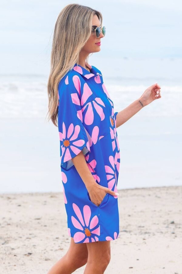 Blue Summer Flower Print Shirt Collar Button Front Loose Romper - Image 2