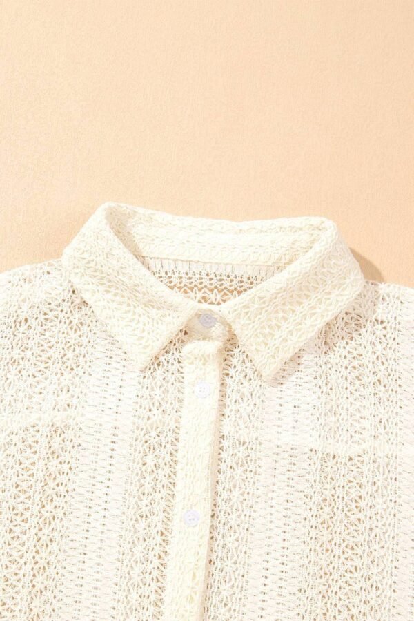 Beige Lace Crochet Collared Tunic Oversized Shirt - Image 4
