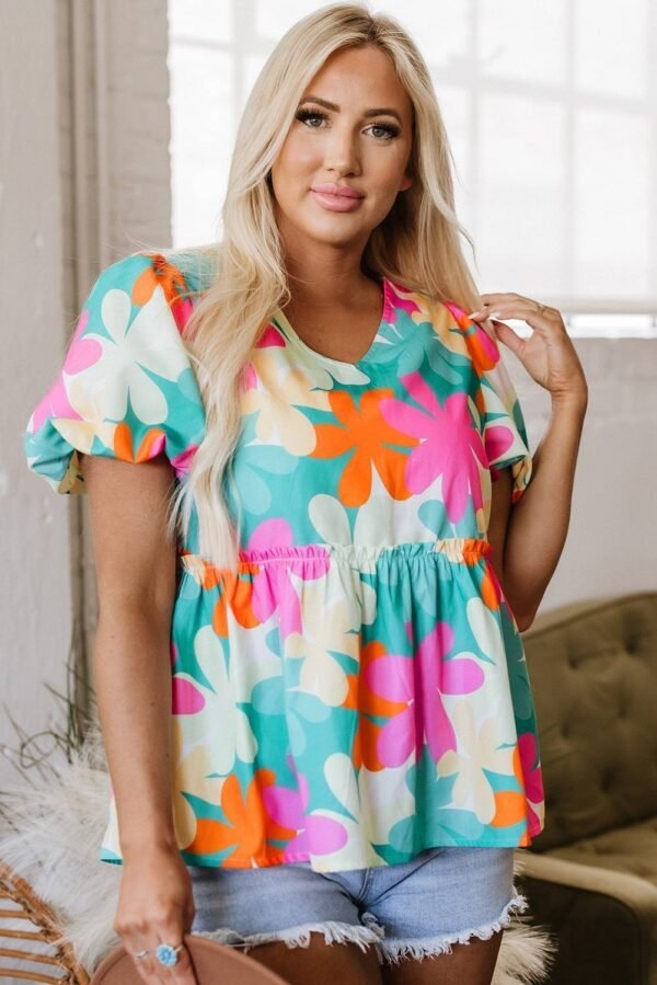 Pink Floral Print Bubble Sleeve V Neck Peplum Blouse - Image 4