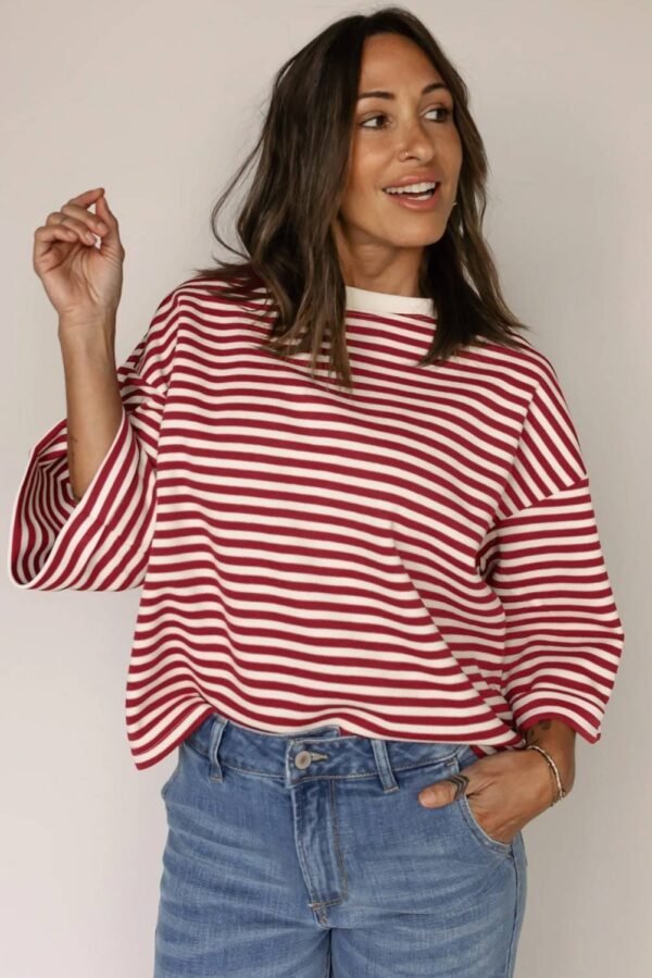 Red Stripe Bowknot Cutout Back Drop Shoulder Wide Bracelet Sleeve Loose Tee - Image 2