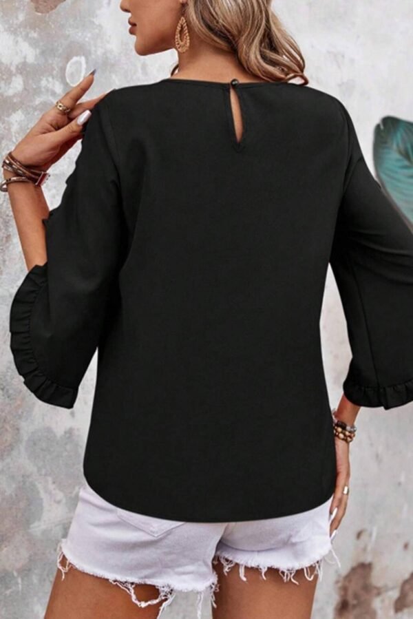 Black Ruffle Trimmed 3/4 Sleeve Round Neck Blouse - Image 5