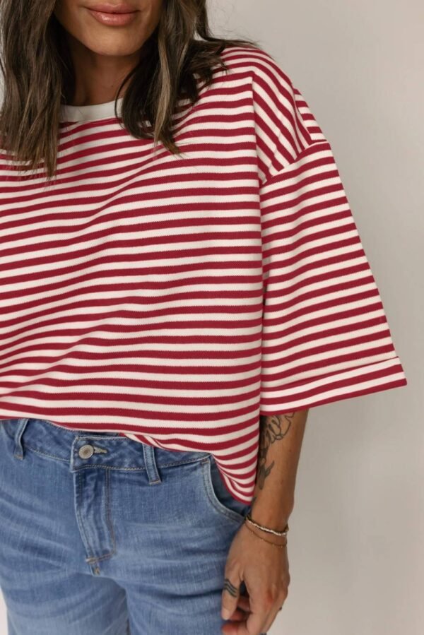 Red Stripe Bowknot Cutout Back Drop Shoulder Wide Bracelet Sleeve Loose Tee - Image 3