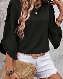 Black Ruffle Trimmed 3/4 Sleeve Round Neck Blouse