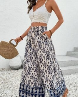 Blue Boho Pattern Print High Waist Wide Leg Loose Pants