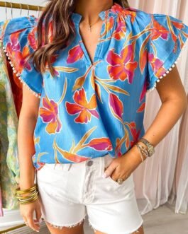 Sky Blue Floral Print V Neck Pompom Trim Flutter Sleeve Blouse