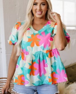 Pink Floral Print Bubble Sleeve V Neck Peplum Blouse