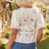 Pink Floral Puff Sleeve V Neck Tied Front Peplum Blouse