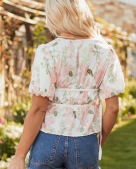 Pink Floral Puff Sleeve V Neck Tied Front Peplum Blouse