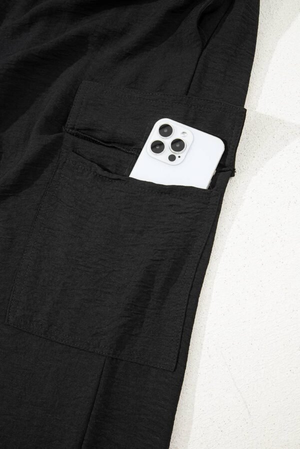 Black Drawstring Frilled Waist Wide Leg Utility Trousers - Image 16