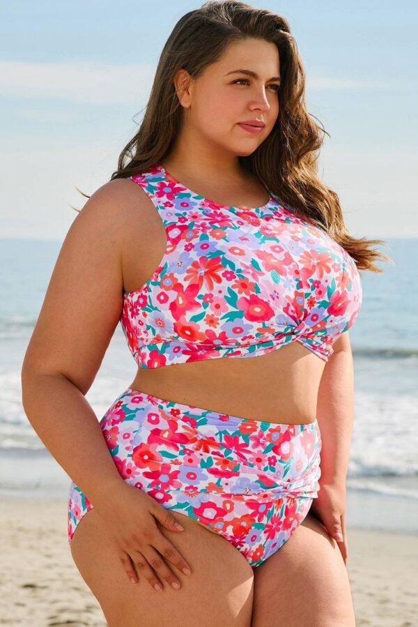 Rose Plus Size Floral Print Twisted High Waist Bikini Set - Image 3