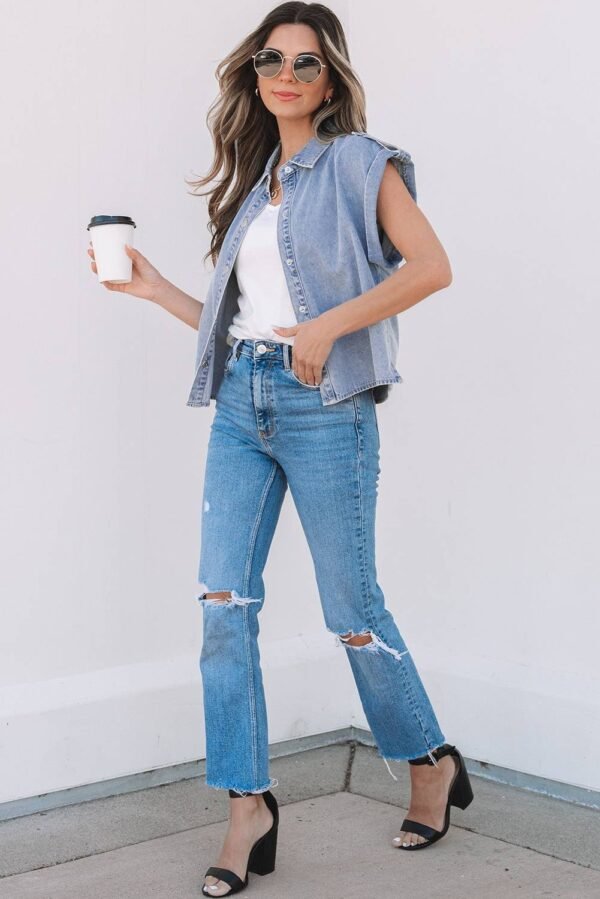 Dusk Blue Denim Pinup Folded Cap Sleeve Shirt - Image 5