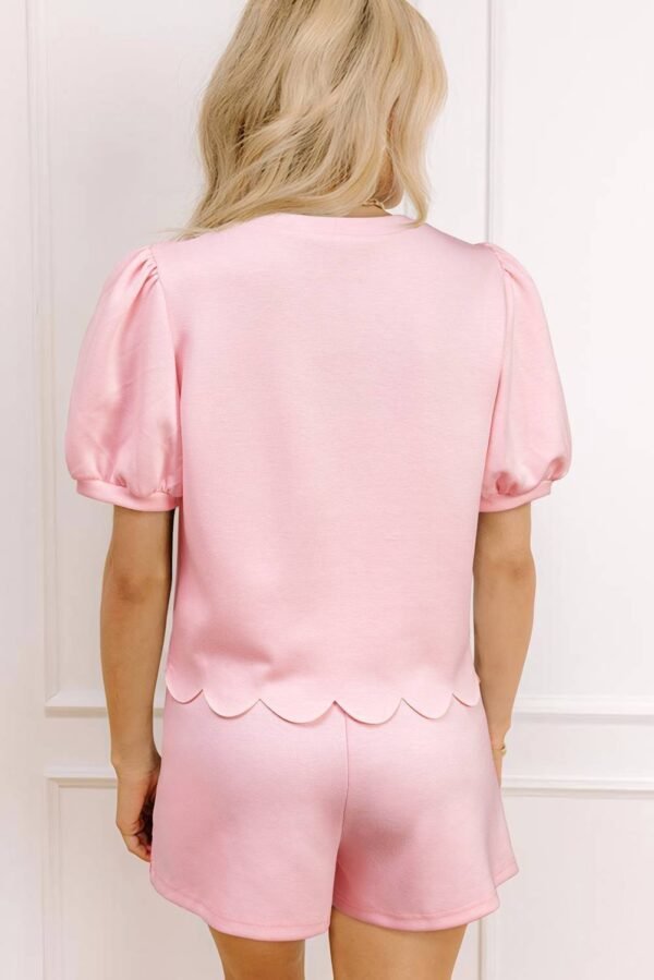 Light Pink Puff Sleeve Pearl Embellished Scallop Trim Top 2 Piece Skort Set - Image 2